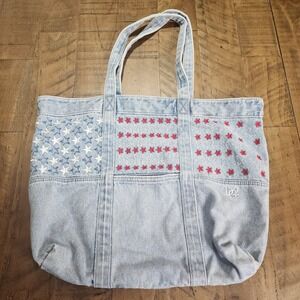 D2 Denim Star Embroidered Tote Bag Light Wash Americana Patriotic Cotton